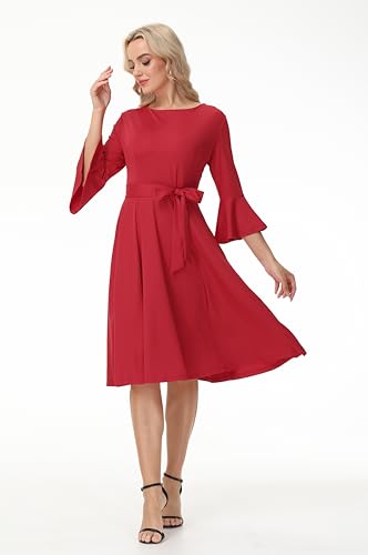 Image of Hostoyo Church Dress for Women Wedding Guest Cocktail Party Dresses Evening Prom Formal Modest Gowns Crew Neck Bell Sleeve