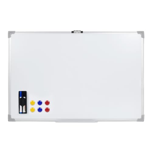 Image of Bonkaso Magnetic Dry Erase Whiteboard 90 x 60 cm with Aluminium Frame, Movable Marker Tray, 2 Markers, Eraser & 6 Magnets, Wall-Mounted Writing Board for Home Office School Classroom