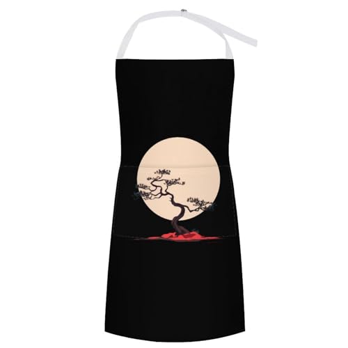Bonsai Tree Japanese Rising Sun Aprons with Pockets Funny Adjustable Bib Soft Chef Apron for Kitchen...