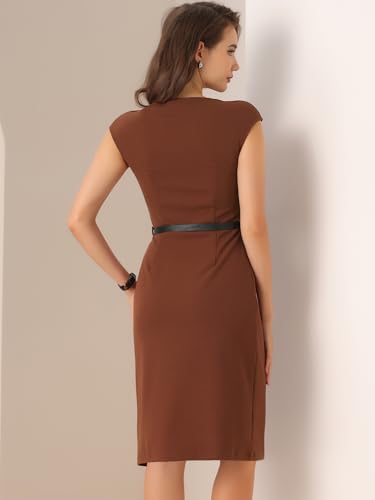 Image of Allegra K Business Dress for Women's Work Elegant 2026 Cap Sleeve Belted Office Sheath Dresses