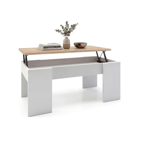 duehome | Mesa de Centro Elevable, Mesita de Salón o Comedor, Modelo Vita, Acabado en Color Blanco Artik y Roble Canadian, Medidas: 100 cm (Largo) x 50 cm (Ancho) x 45-53 cm (Alto)