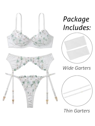Image of Lilosy Sexy Leaf Floral Embroidered Mesh Sheer Women Underwire Push Up Lingerie Set