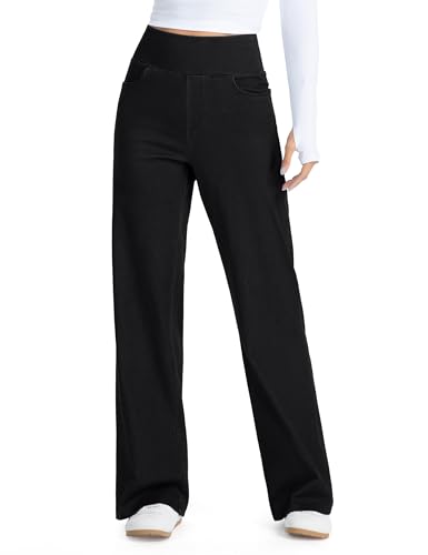 THE GYM PEOPLE Women's Wide Leg Jeans Baggy High Waisted Pull on Stretchy Straight Denim Trousers with Pockets/Black/L
