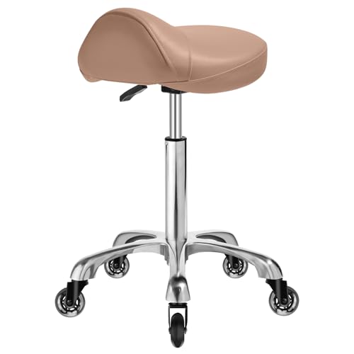 Image of Saddle Stool Chair with Wheels, Ergonomic Thicker Saddle Seat Design for Healthy Sitting Posture, PU Leather, Rolling Saddle Stool with Silent Rubber Wheels Adjustable for Salon Massage Home, Brown