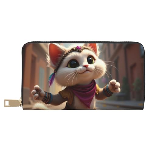 Cute Pink Cat Print Wallet Women, Leather Bifold Multi Card Wallet, Long Purse Women's Wallets