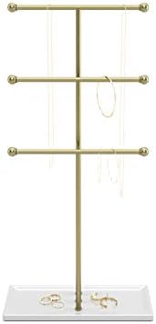 Umbra Trigem Hanging Jewelry Organizer  3 Tier Table Top Necklace Holder, Jewelry Box and Jewelry Display with Jewelry Tray Base, White/Brass