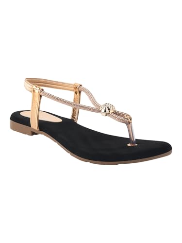Image of Shoetopia Women's Embellished T-Strap Flats - Crystal Detail Toe Loop Sandals with Cushioned Black Footbed, Slip-On Ethnic Casual Comfort Flats