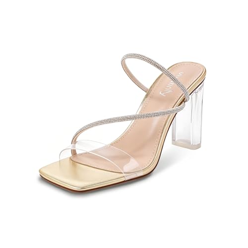 Image of vivianly Womens Square Toe Clear Rhinestone Strappy Heeled Sandals Transparent Block High Heels Slides Slipper Wedding Dress