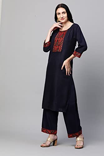 Image of GoSriKi Women's Cotton Straight Kurta with Palazzo & Dupatta (Morning Dark Blue)