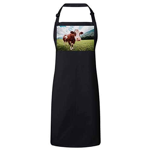 Tablier cuisine premium noir motif vache et paysage montagne