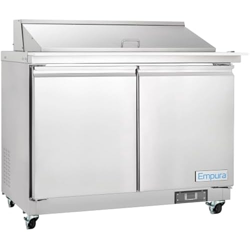 EMPURA 48" Mega Top Refrigerated Prep Table with Two-Solid Door | Sandwich Salad Preparation Fridge with (18) 1/6" Pans and 9" Cutting Board for Deli | 48.2"W x 34.5"D x 43.2"H, Stainless Steel, 115V
