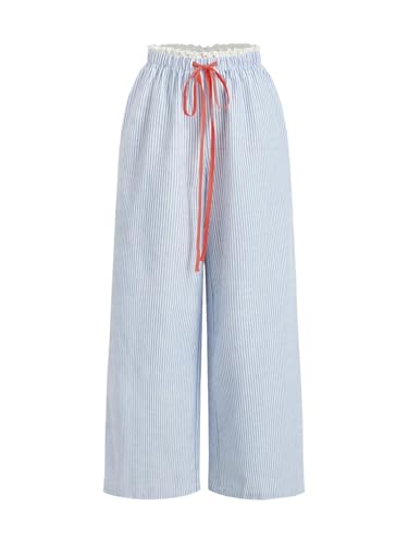 Verdusa Women's Lace Striped Pants Causal Workout Straight Leg Loose Trousers