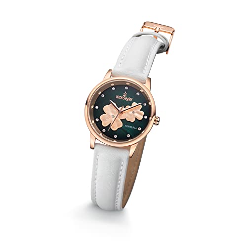 Kronsegler Fortuna Damenuhr roségold - grün | Zirkonia, weiches veganes Apfelfaserband, dunkelgrünes Zifferblatt