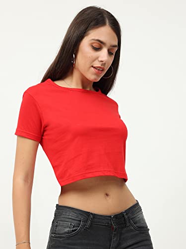 Image of FLEXIMAA Women's Cotton Plain Round Neck Half Sleeve Crop Top