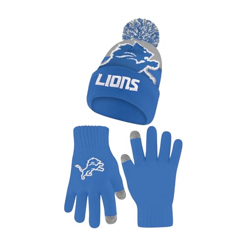 Ultra Game NFL Official Youth Super Soft Winter Beanie Knit Hat with Extra Warm Touch Screen Gloves, Detroit Lions, Team Color 2, 1SIZE