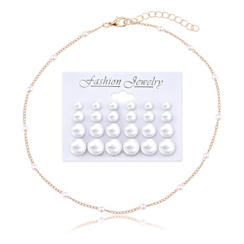 Image of Pearl Earring Stud Pearl Necklace Choker for Bride Wedding Earring Necklace