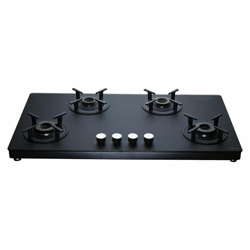 Elica 90cm 4 Burner Gas Stove | Manual Ignition | SBF MATT LOTUS TKN 904 CT VETRO 2J BK | Matt Glass Top | SABAF Brass Burners | Cast Iron Pan Support | 10 Yr Burner & 5 Yr Glass Warranty | Black