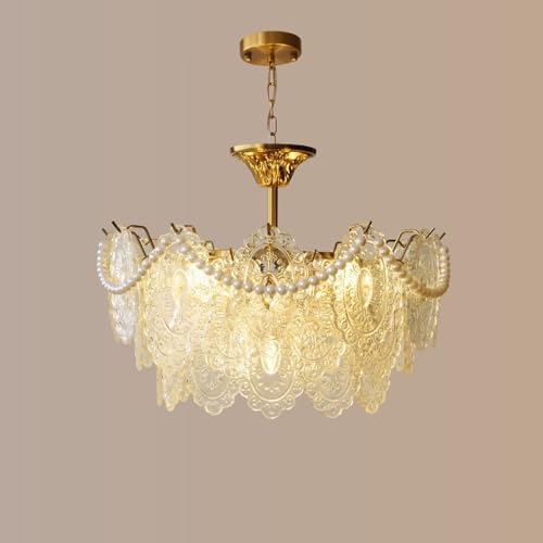 Lustre en cristal transparent et verre doré rond 19.6 pouces avec perles en V pour salon moderne