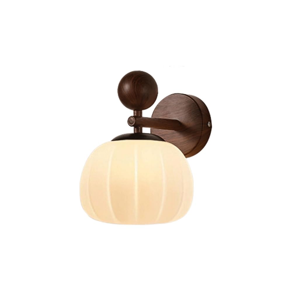 Modern Nordic Minimalist Wall Sconce, Walnut Wood Grain Finish Iron, Frosted PE Ribbed Globe Shade, Ambient Decorative for Bedroom, Living Room, Study, Bedside, Hallway, Entryway.(20cm/7.87in)