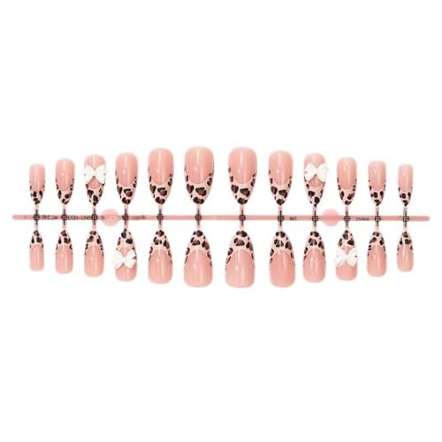 Image of Leopard Print Nails Press ons Bow Fake Nails with Design French Tip Glue on Nail Medium Almond False Nail Artificial Acrylic Glossy Full Cover Stick on Nail for Women Manicure 24Pcs