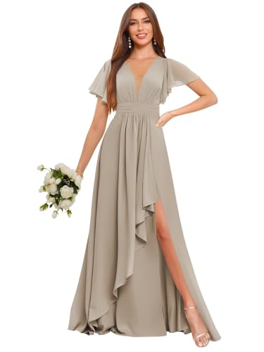 Image of Deep V Neck Chiffon Bridesmaid Dresses Ruffle Formal Dress with Sleeves Pleated High Low Evening Gowns for Women