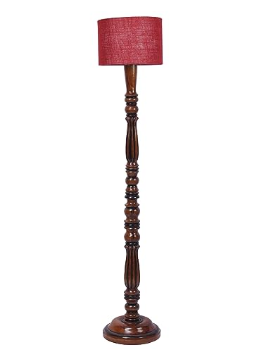 Image of Jute Modern Floor Lamp with Wooden Base - Height 56 Inches | Modern & Fashionable Standing Lamp for Living Room, Bedroom & Office | Stylish Home Decor Lighting in Elegant Maroon Shade