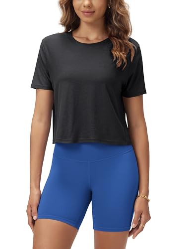 Image of ODODOS Women's Performance Cropped Tee Ultra Soft odSTRATUM Tech Short Sleeve Relaxed Top Crew Neck T-Shirts
