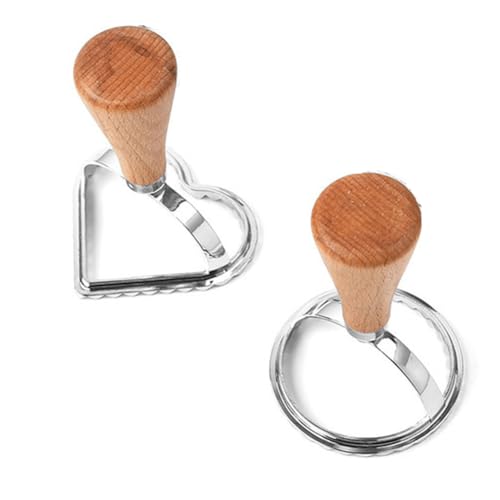 2PCS Dumpling Wrappers Mold Ravioli Maker Cutter Stamps Dumpling Skin Embossed Biscuit Mould Baking Pastry Mold with Wooden Handle for Dumpling,Pasta,Spaghetti,Pies(round,heart-shaped)