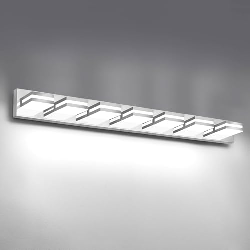 Image of IZORRO LED Modern Bathroom Lights Fixtures(7-Light,Dimmable,360Rotate),Chrome Acrylic Wall Lighting,Vanity Lights for Bathroom Over Mirror - 6000k 40In (No Assembly Required)