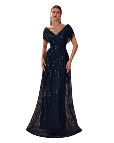 Giffniseti Women's V Neck Sequin Ball Gown Formal Maxi Dress A-Line Prom Evening Party Gowns Blue