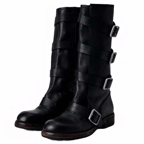 YIYA Women's Motorcycle Buckle Knee High Boots Round Toe Chunky Low Heels Riding Biker Gothic Combat Boots Pull On - Main Image