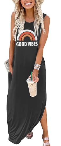Image of Womens Good Vibes Rainbow Sleeveless Funny Grapic Maxi Dress Summer Casual Letter Tank Dresses with Pockets