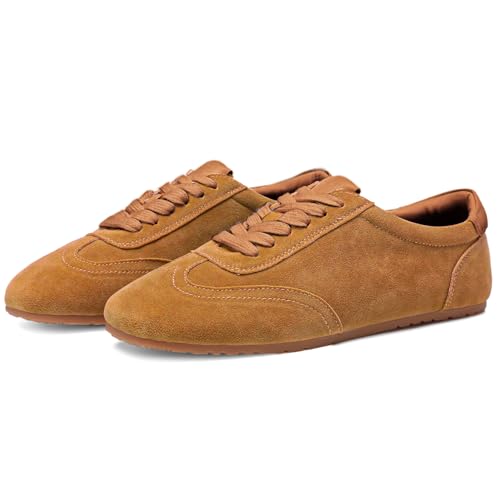 CEFISOP Suede Fashion Sneakers for Women Comfortable Printed Lace-Up Non Slip Tennis Sneaker Lightweight Arch Support Athletic Walking Shoes Tan Size 8.5