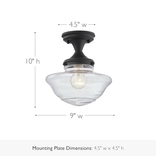 Image of Design House Vintage-Inspired Schoolhouse Semi-Flush Mount Ceiling Light, 9 in x 9 in x 10 in, Matte Black, Clear Seeded Glass Shade, 587444