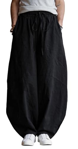 WINKEEY Haremshose Herren Leinenhose Leicht Sommerhose Baggy Freizeithose Loose Fit Strandhose Einfarbig Leinen Hosen mit Taschen Schwarz L