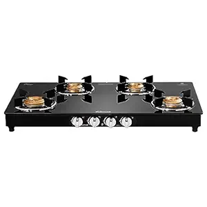 Sunflame?Mega 4 Burner Gas Stove | 1 Jumbo, 1 Medium and 2 Small? Forged Brass Burners | 2?Years? Product Coverage | Cast Iron Pan Support | Toughened Glass Top | PAN India Presence | Black