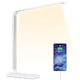 Schreibtischlampe LED Tischlampe Dimmbar,Nachttischlampe 5 Farben und10 Helligkeitsstufen,Tageslichtlampe,Tischleuchte,Schreibtisch Lampe für Kinder,USB-Ladeanschluss,Memory-Funktion,Silver