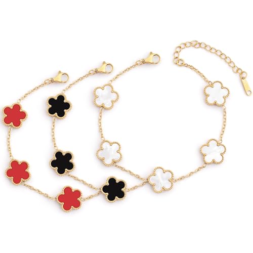 (Skin-Friendly&Fade-Resistant) 18K Gold Plated Bracelets Set for Women (Double Sided) Four Leaf Clover Cute Trendy Lucky Bracelet (Adjustable) Gold Jewelry for Women Birthdays Holidays Gifts 3pcs