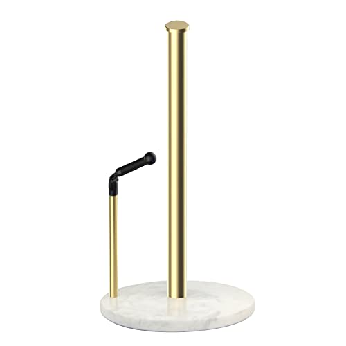 Marble Base Gold Paper Towel Holder Stand,Tension Arm Standing Paper Towel Roll Holder for Easy One-Handed Operation,Standard or Jumbo-Sized Roll Holder,Fits in Kitchen Countertop or for Bathroom