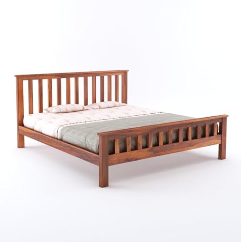 Image of SANKAT MOCHAN Industries Solid SHEESHAM Honey Brown Wooden Queen Size Bed Double Bed Furniture for Bedroom, Living Room, Home & Hostel (Honey Finish) Matters Size (5 * 6) (Double)