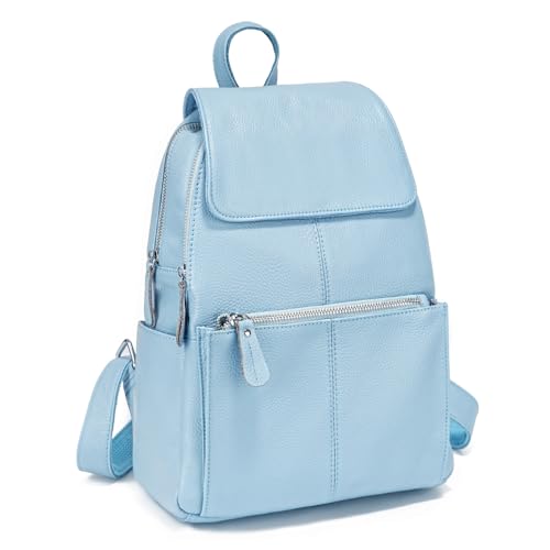 Image of zency 15 Colors Real Soft 100% Genuine Leather Women Backpack Fashion Ladies Travel Bag Preppy Style For Woman (Light Blue)