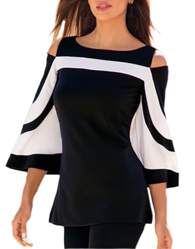 Image of Women Blouses and Tops Black White Colorblock Bell Sleeve Cold Shoulder Top Shirt