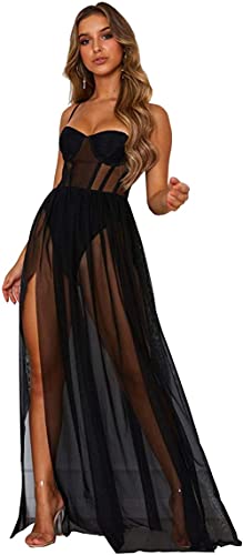 HNYBD Robe longue en fil filet pour femme, dos nu et fente haute, bikini de plage, Noir (XL), 38 thumbnail
