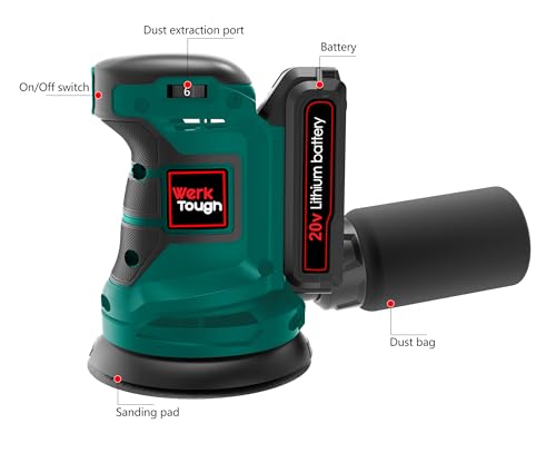 Wertough SA002 20V Cordless Random Orbital Sander - 6-Step Speed With 2.0A Battery and Fast Charger, 125mm Wheel, 6 Sanding Papers, Dust Bag - Green 2 Wertough SA002 20V Cordless Random Orbital Sander - 6-Step Speed With 2.0A Battery and Fast Charger, 125mm Wheel, 6 Sanding Papers, Dust Bag - Green - Image 2