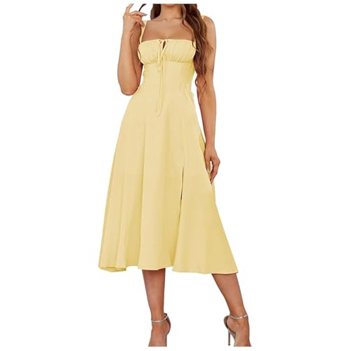 Generisch Umstandsmode Strickkleid Neues Trägerkleid mit schmaler Taille, Schlitz und Kordelzug Maxikleid Mit Schlitz (Yellow, S)