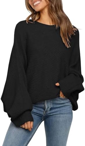 Fessceruna Damen Pullover Oversize Fledermausärmel Strickpullover | Winter,Rundhals,Pulli Geripptes,Sweatshirt,Einfarbig,Obertiele,longpullover,Sweater