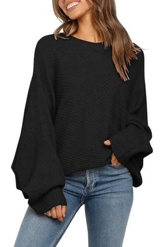 Fessceruna Damen Pullover Oversize Fledermausärmel Strickpullover Winter Rundhals Pulli Geripptes Sweatshirt(Schwarz, S)