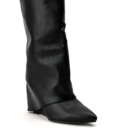 Arqa Fold Over Wedge Boots for Women Faux Crocodile Pattern Knee High Boot with Rivet Buckle Wide Calf Fall Shoes2