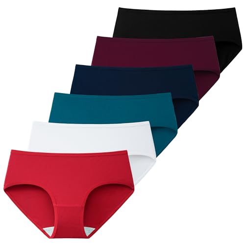 INNERSY Unterhosen Damen Baumwolle Frauen Unterwäsche Hipster Bequemer Pantys Slips 6er Pack (L/42 EU, 4 Dunkel/Weiß/Rot)