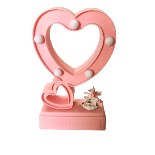 Image of FunzOn Pink Heart Table Lamp with White Pearl LED| Romantic Table Lamp | Valentine's Gift | Showpiece Heart Light with Cute Unicorn Statue | Gift for Anniversary, Birthday,Valentine's Day